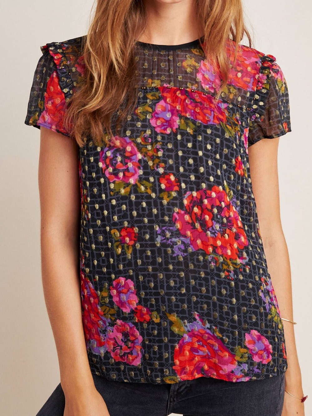 Anthropologie Fiorella floral blouse Top Ruffles Polka Dot size 10 NWT